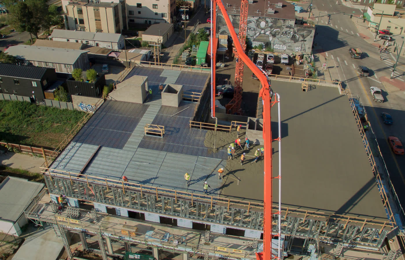 Segal crew placing concrete on an elevated deck in Denver